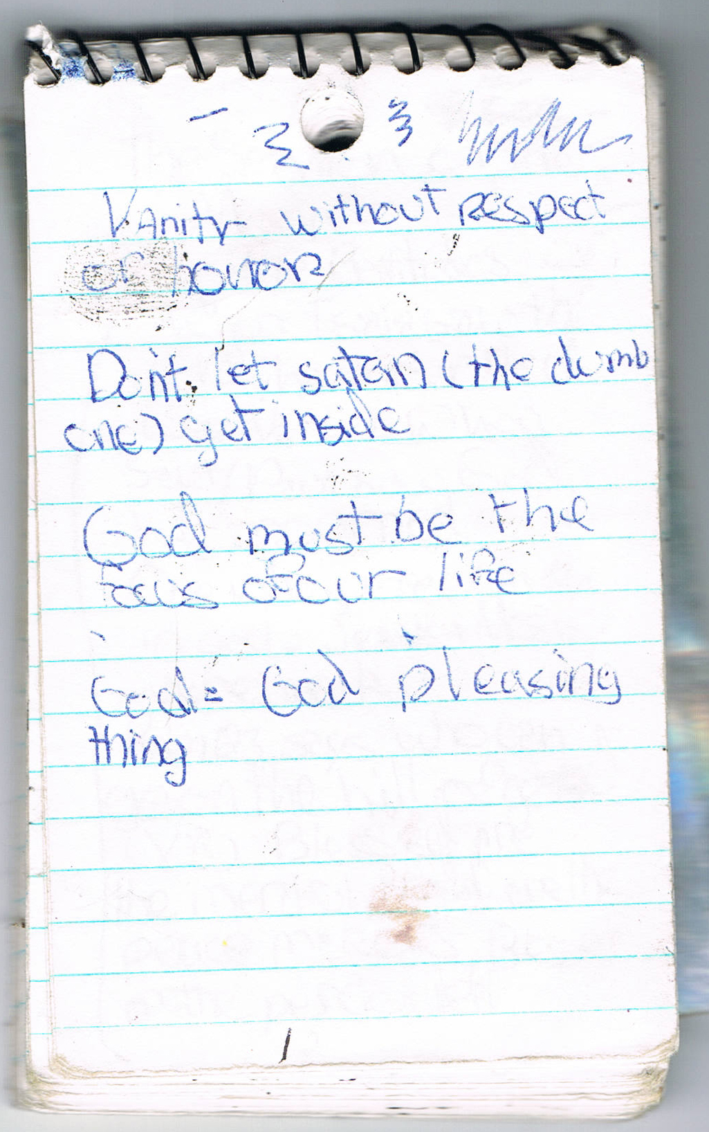 Scan of early sermon notes, in which I label Satan "The Dumb One."
